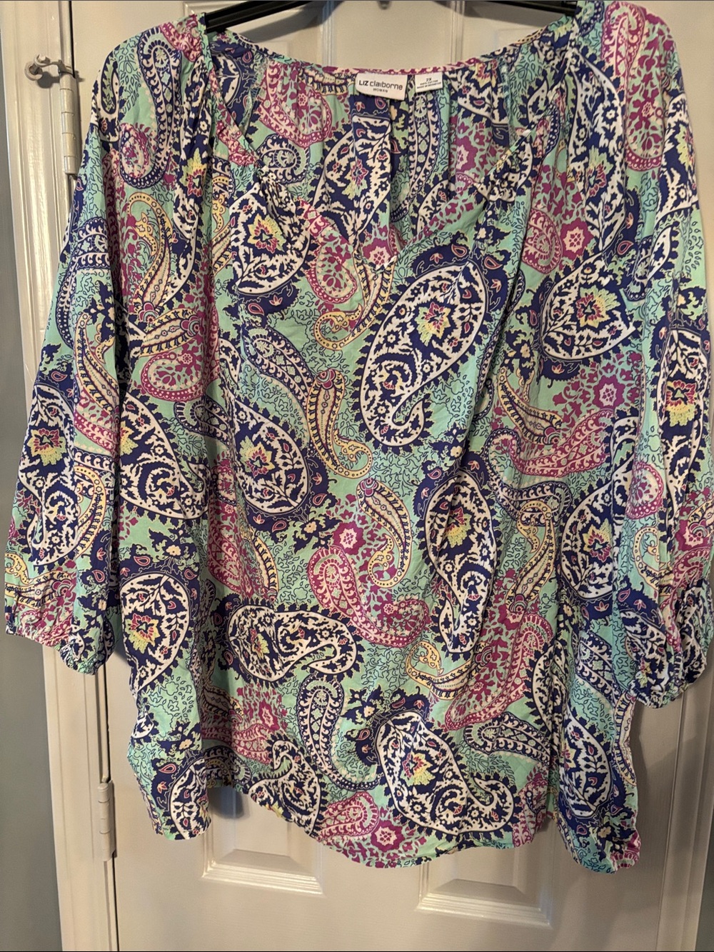 Liz Claiborne Mint Peasant Top with Navy & Pink Paisley